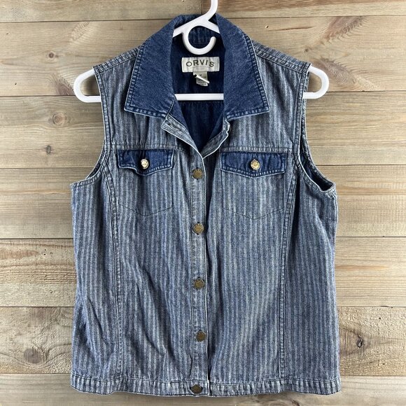 Orvis Womens Vest Denim Button Striped Pockets Cotton Size Medium - Picture 1 of 6